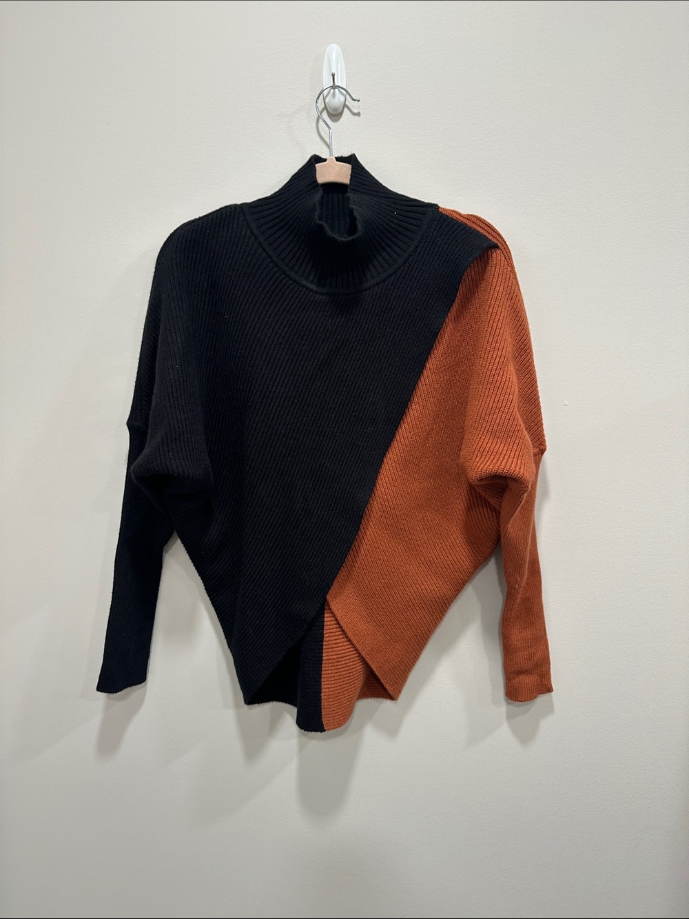 Elan Black and Rust Asymmetrical Colorblock Turtleneck Sweater